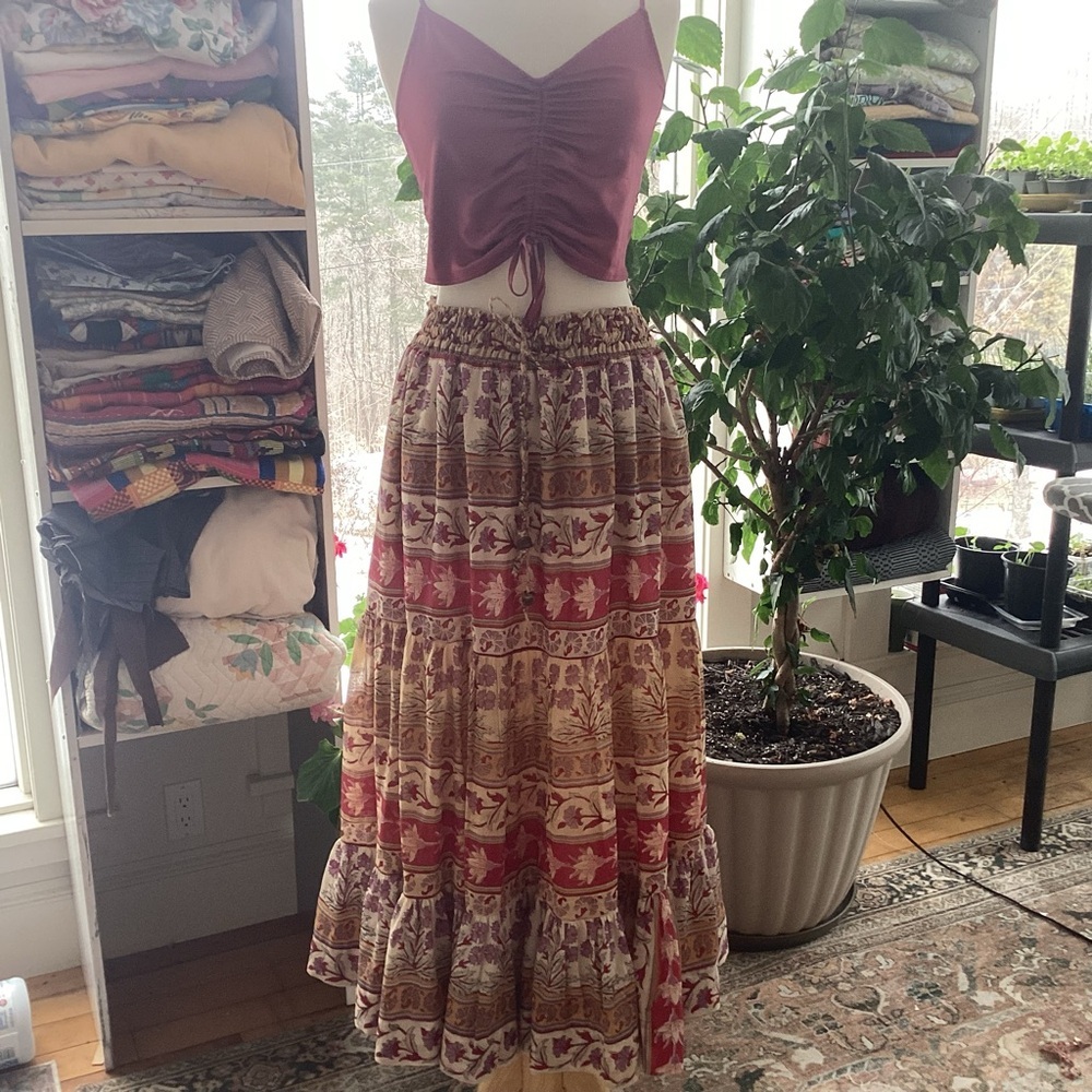 Upcycle Annie Upcycle Vtg batik blockprint curtain boho tiered maxiskirt S to XL